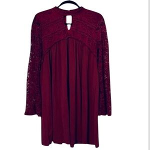 Janet Chung Lace Long Sleeve High Cutout Neck Babydoll Maroon Burgundy Dress S